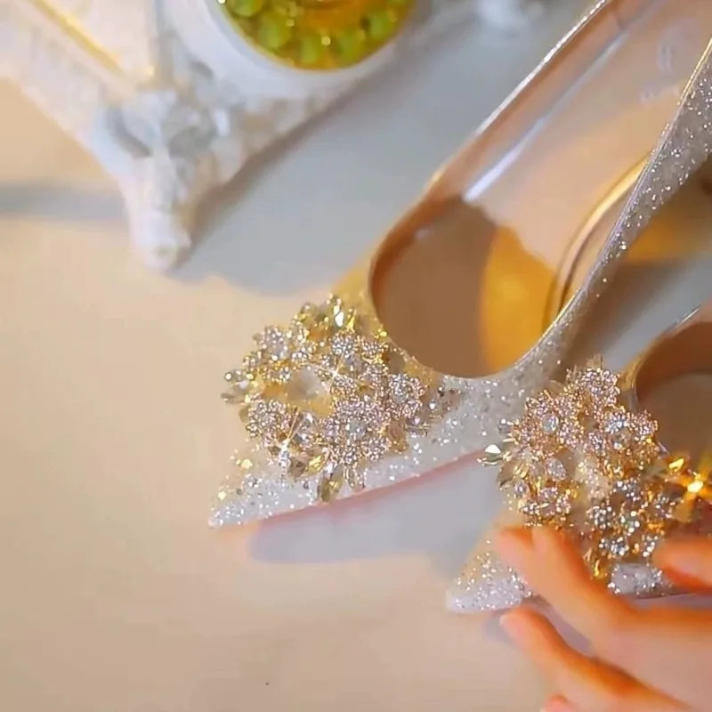 Womens High Heel Shoes Fad Elegant Crystal Pointed Toe Pumps Retro Shallow Mouth Banquet Party Wedding Women Shoes Zapatos Mujer