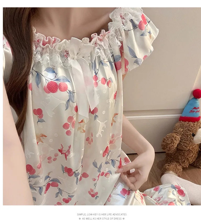 Ice Silk Satin Pajamas Women's Korean Summer Nightgown with Chest Pads Sweet Lace Ruffle Sleeved Long Dress Floral Loungewear