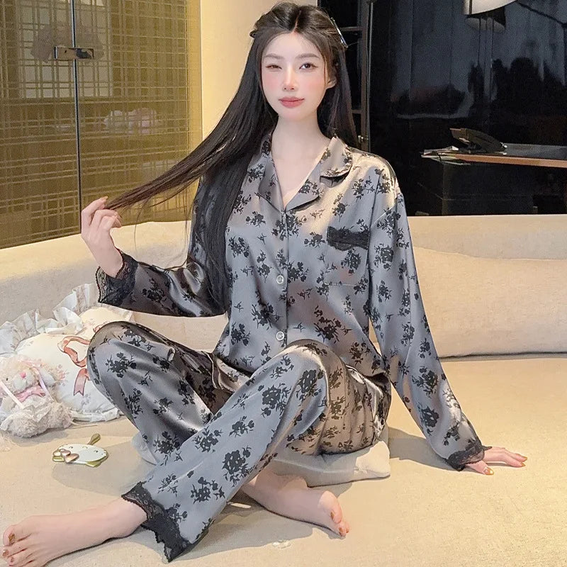 Spring New Women's Long Sleeved Ice Silk Sleepwear Home Suit Set with Floral Lace Loose Sleepwear Home Suit Long Sleeved Set