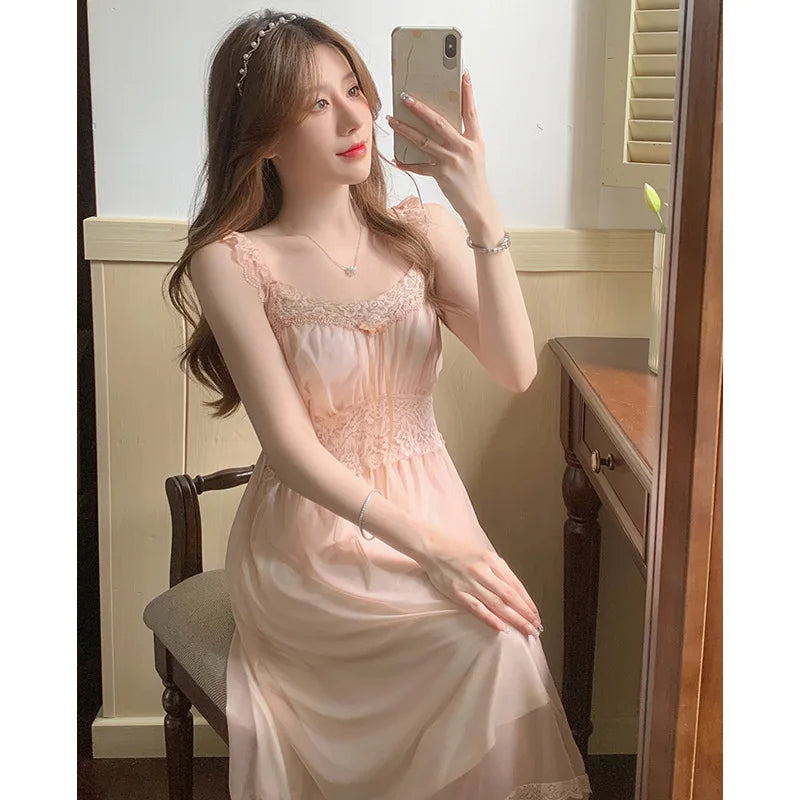 Spring Nightdress Women  Lace Sweet Nightgown Home Dress Pajamas Summer Girl Princess Style Soft Sleepwear Nightwear Outwear