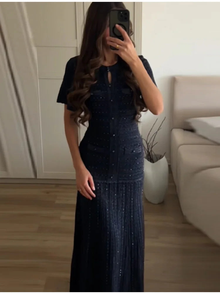 Cinched Waist Sequin Maxi Dress for Women Round Neck Short Sleeved Knitted Dresses 2026 NEW Hollow Out Single Breasted Midi Robe