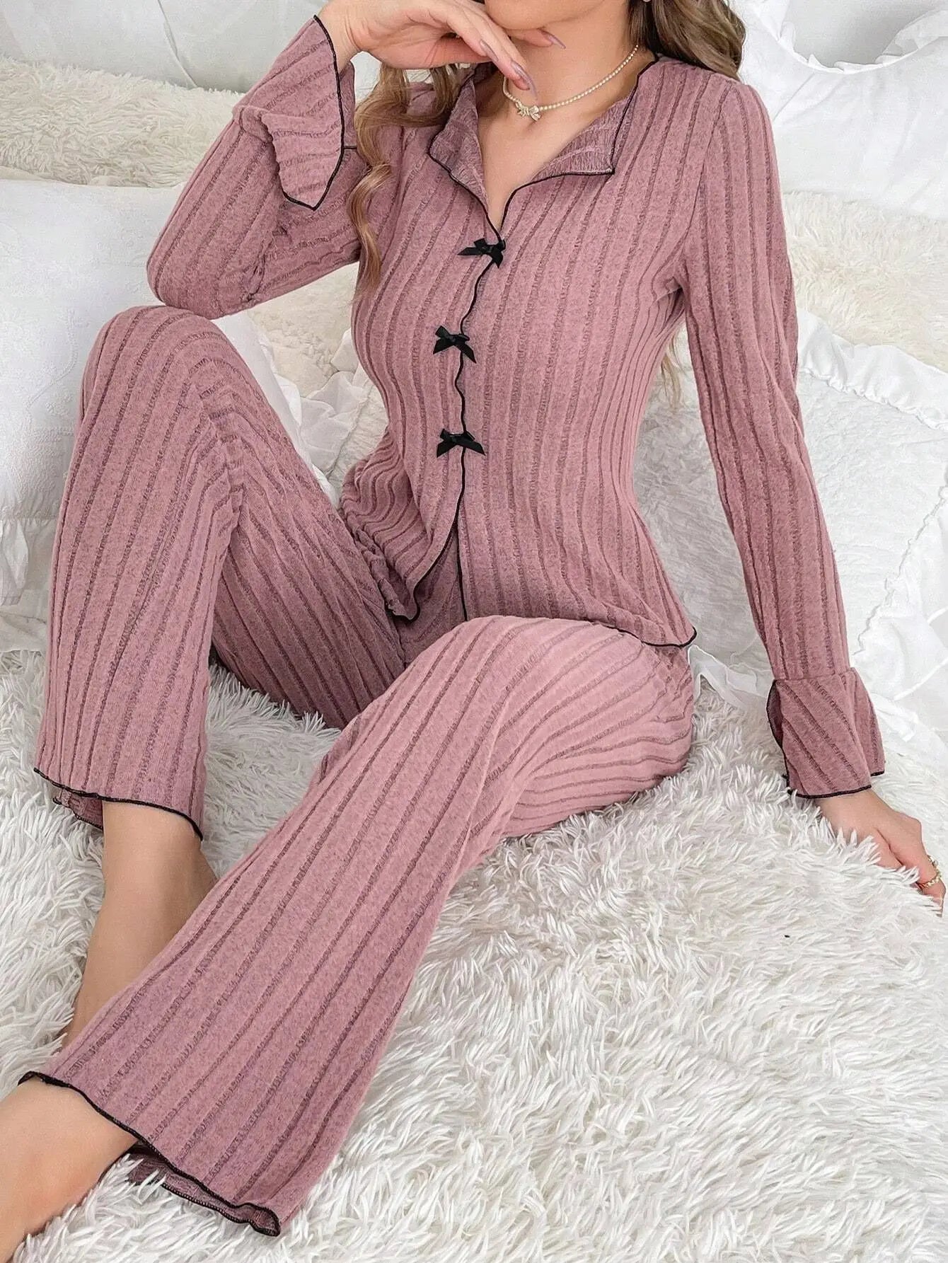 New 2025 Women Spring Casual Pajamas Set Comfortable Sleepwear Sexy Long Sleeve Lapel Solid Rib Homewear Female Loose Loungewear