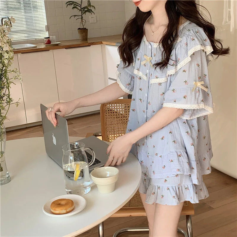 Summer Ladies Pajamas Loungewear Set Princess Style Sweet Lace Small Floral Short Sleeve Shorts Loose Plus Size Loungewear