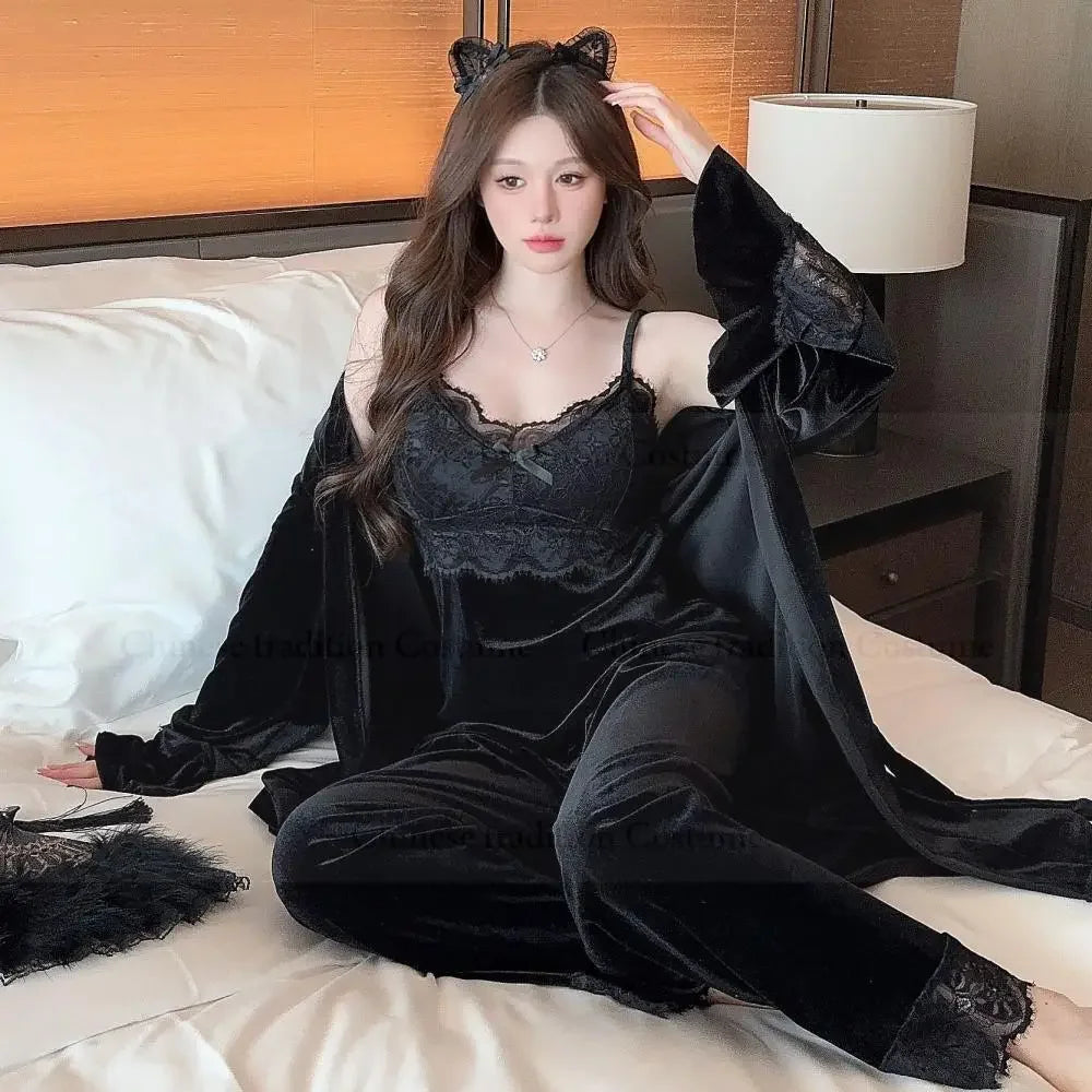 Warm Home Clothes Lady Sexy Lace Flower Trim Nightwear 3Pcs Velour Pajamas Set Luxury Velvet Cami Top&pants Loungewear Winter