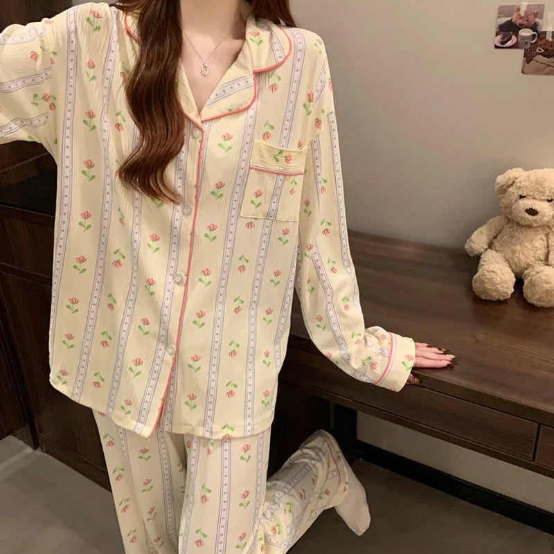 Spring and Autumn New Women's Fresh Flowers Long-Sleeved Pajamas Homewear Suit Leisure Pajamas Thin Section Homewear Pajamas Set