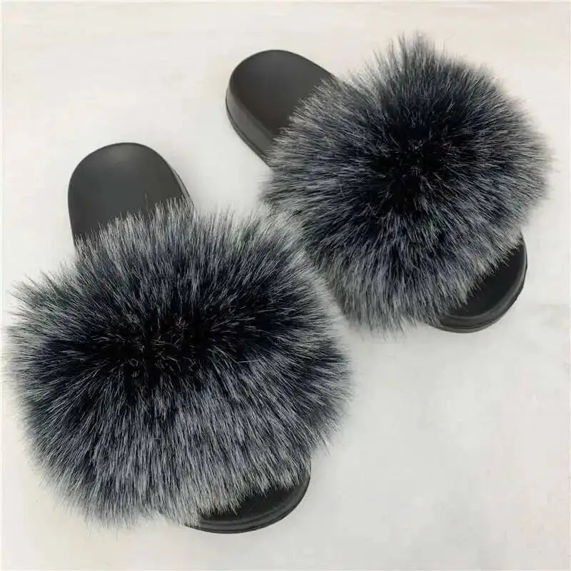 Ladies Fluffy Slippers Summer Women Faux Fur Soft Slides Stylish Open Toe Sandals Outdoor Indoor Furry Comfortable Beach Shoes