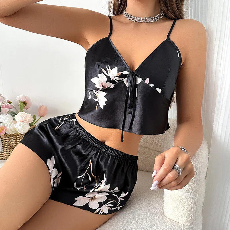 2025New Womens Sexy Floral Satin Pajama Set V Neck Tie Front Cami Crop Top Shorts Two Piece Sleepwear Loungewear Spaghetti Strap