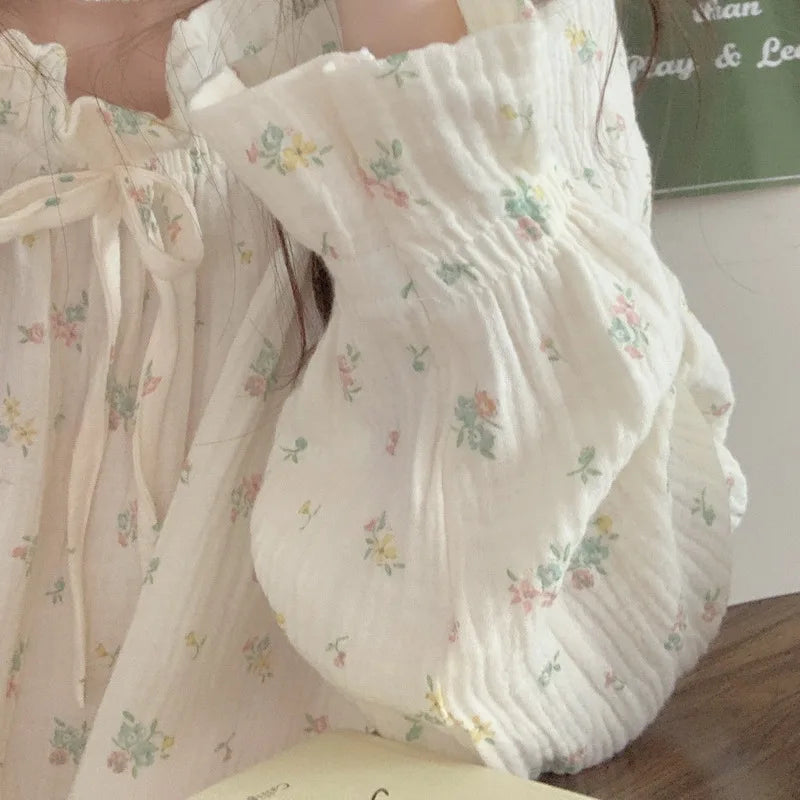 Sweet Girl Floral Print Long Nightdress Sleepwear Spring New Female Cotton Nightgown Lounge Wear Casual Bathrobe Home Wear