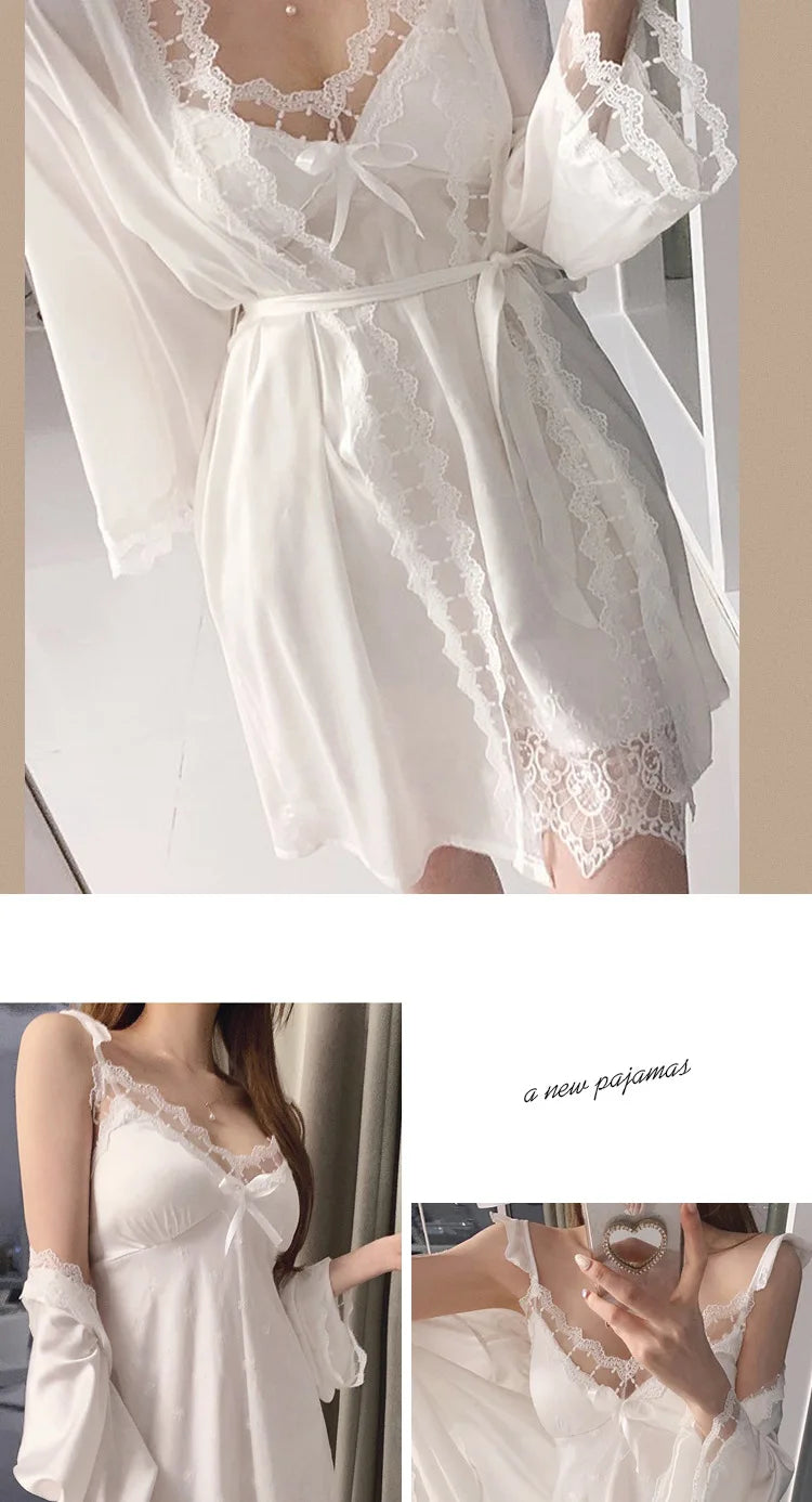 Bride Wedding Dress Set Dot Lace Flower Nightgown Lady White 2Pcs Nighty&dress Suit Sleepwear Satin Loungewear Kimono Bathrobe