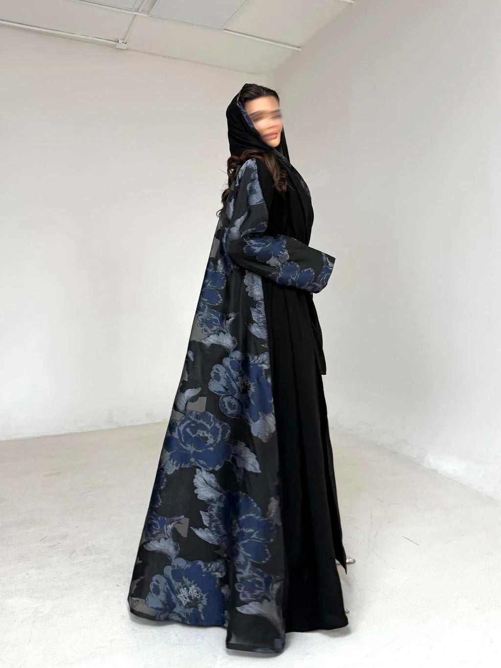 Women's Black Floral Print Abaya, Loose Long-Sleeved Elegant Arab Robe