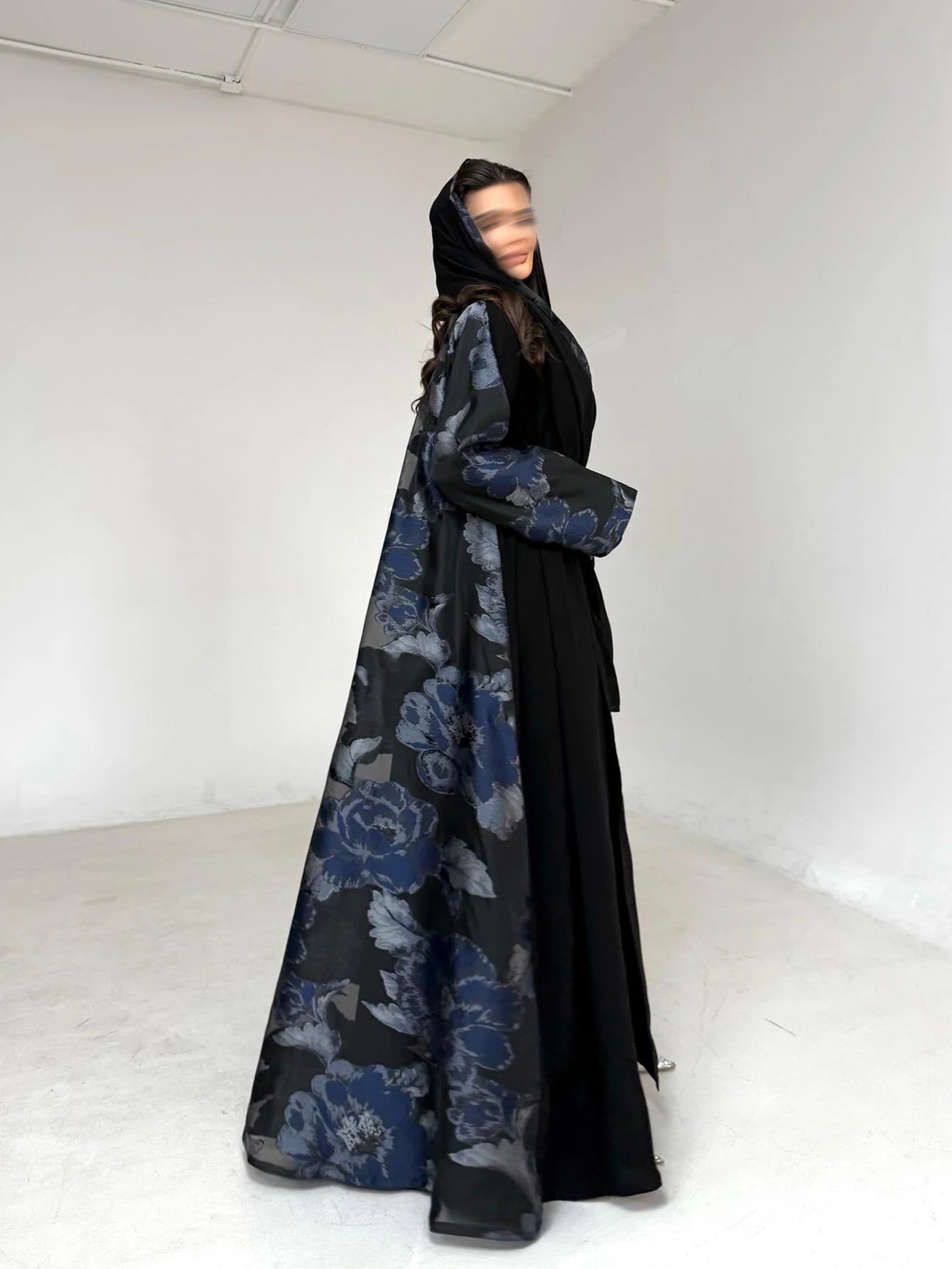 Women's Black Floral Print Abaya, Loose Long-Sleeved Elegant Arab Robe