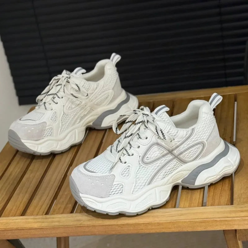 Spliced Mesh Lace-Up Sneakers Fashion Round Toe Deep Mouth Soft Sole Non-Slip Low Top Single