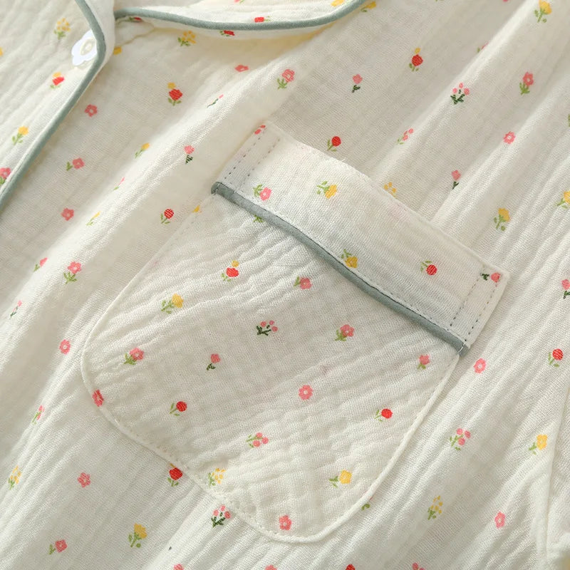 Pajamas pure cotton three-piece set spring and summer thin crepe autumn gauze lapel short-sleeved trousers shorts loungewear set