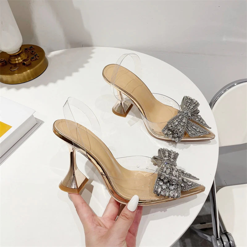 Liyke Fashion Crystal Sequined Bowknot Women Pumps Sexy Pointed Toe High Heels Wedding Prom Shoes Ladies PVC Transparent Sandals