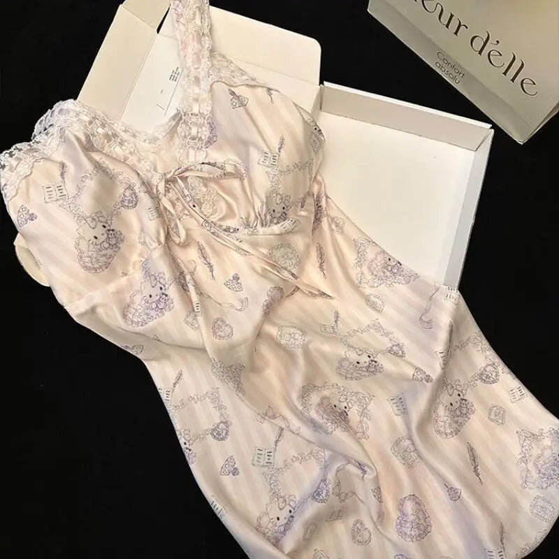 Sanrios Suspenders Nightgown Hello Kittys Ice Silk Pajamas Loose Clothes Simple Trendy Thin Printed Skirt Creative Hot Selling