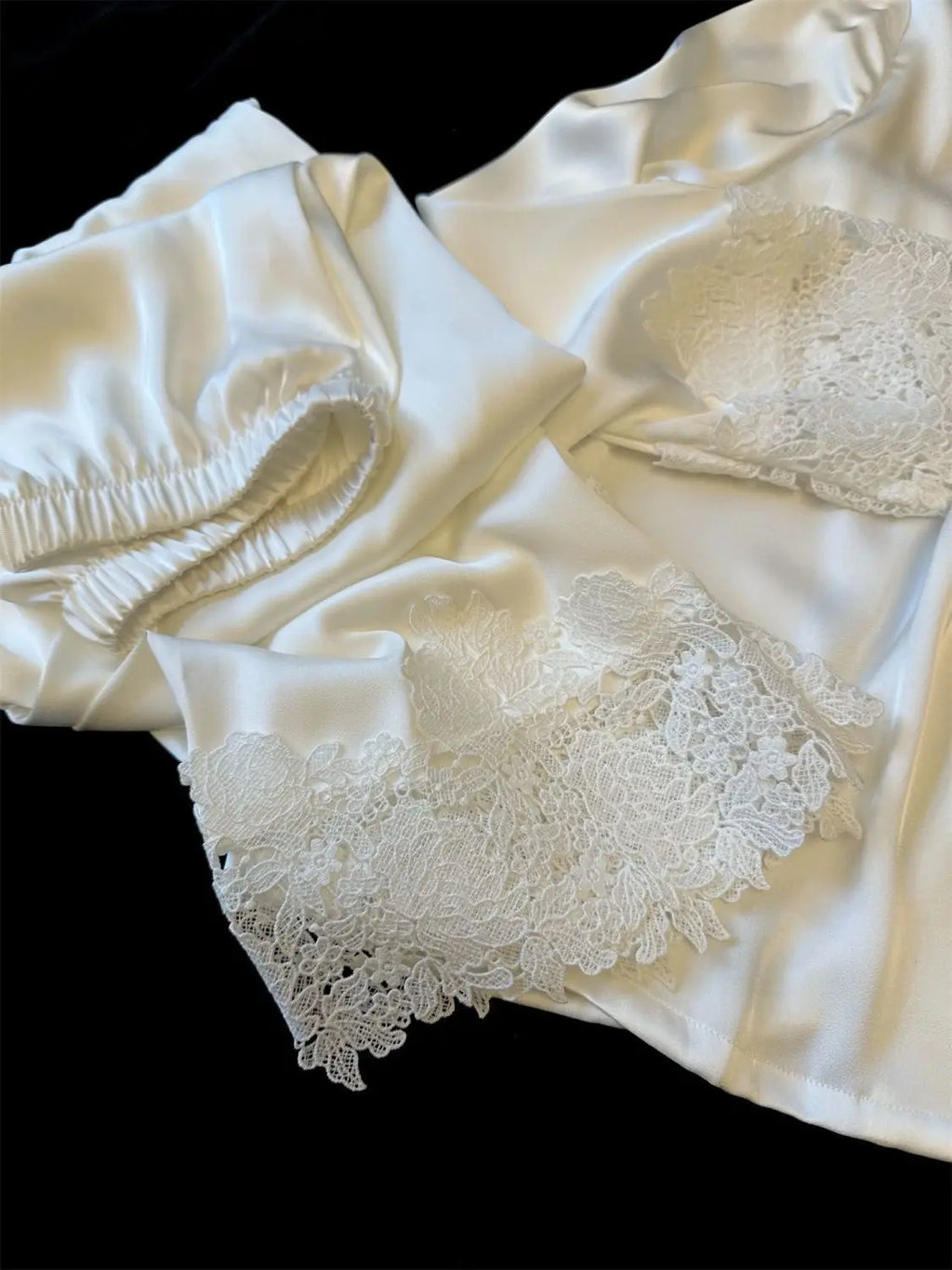 Female Pajamas Set White Satin Lace Trim Bride Wedding Sleepwear Gift Homewear Sexy Loose Long Sleeve Trouser Suit Loungewear