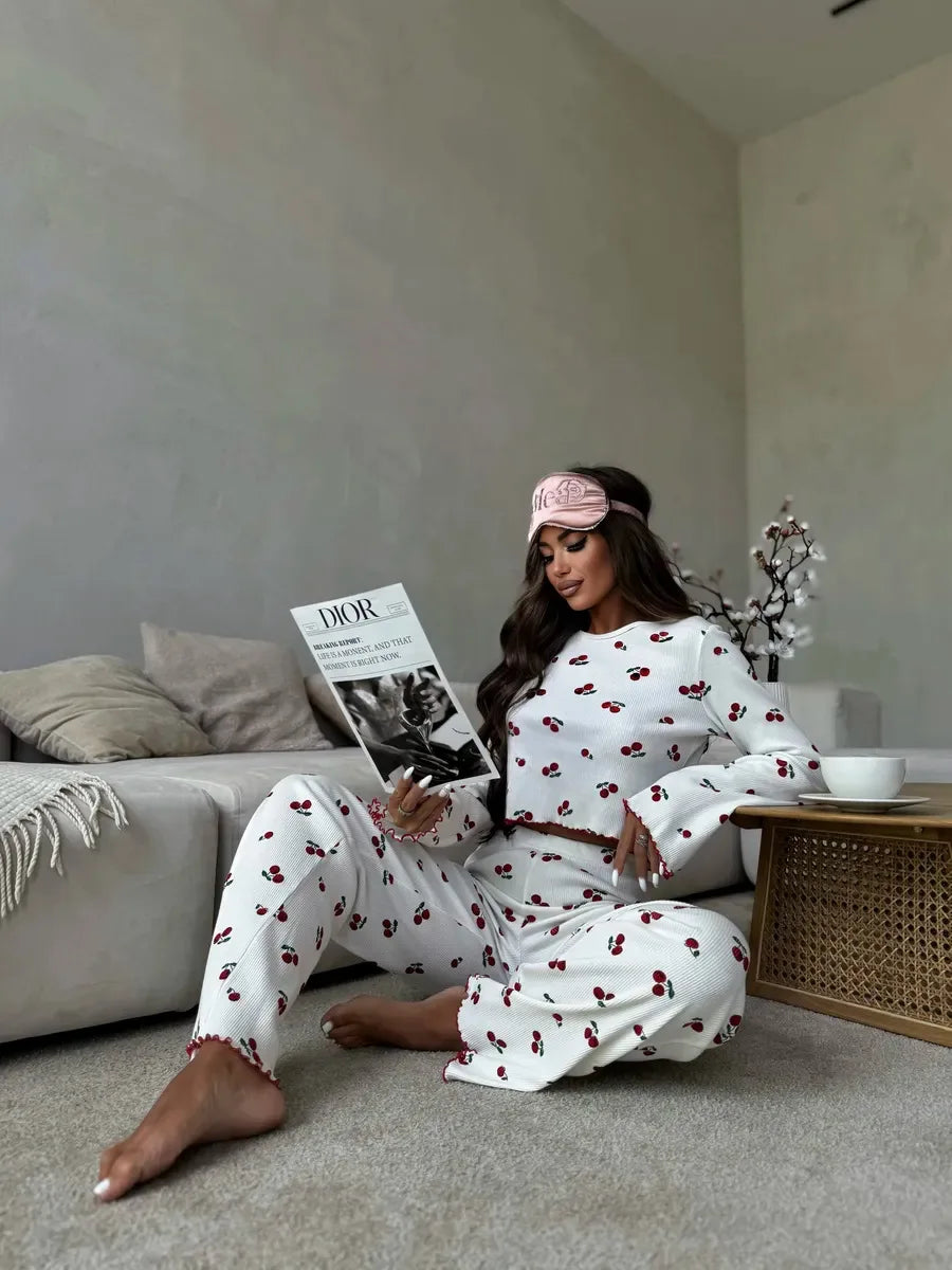 Autumn Winter Pajama Set Women 2pcs Y2K-Style Cherry Print Cuffed-Long-Sleeve Tops and Long Trousers Sleepwear Homewear