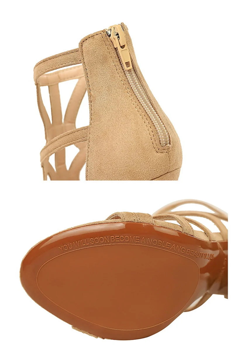 Women Roman style Thin High Heels Pumps Pointed Toe Suede Hollow Strap Party Shoes Solid Solid Ankle Zip Summer Sandals