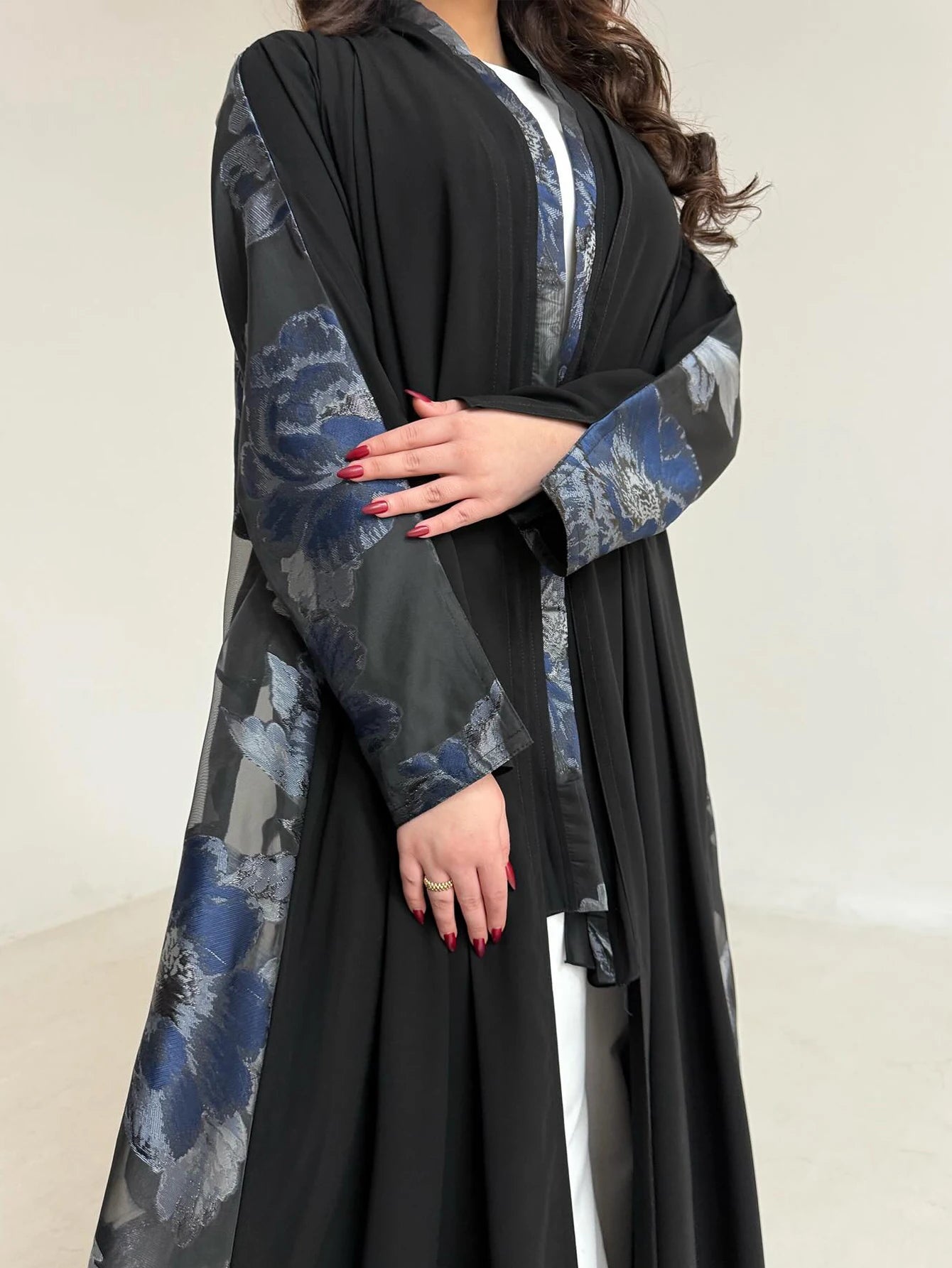 Women's Black Floral Print Abaya, Loose Long-Sleeved Elegant Arab Robe