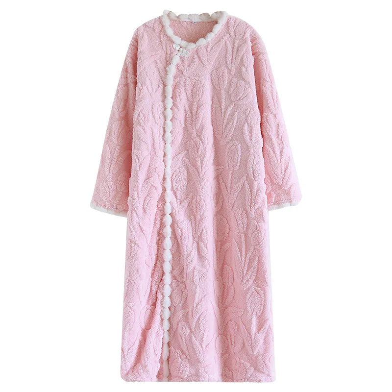 2026 New Autumn/Winter Women's Flannel Sleeping Skirt Long Sleeve Thickened Warm Long Style Loose Sleeper Robe Home Clothing