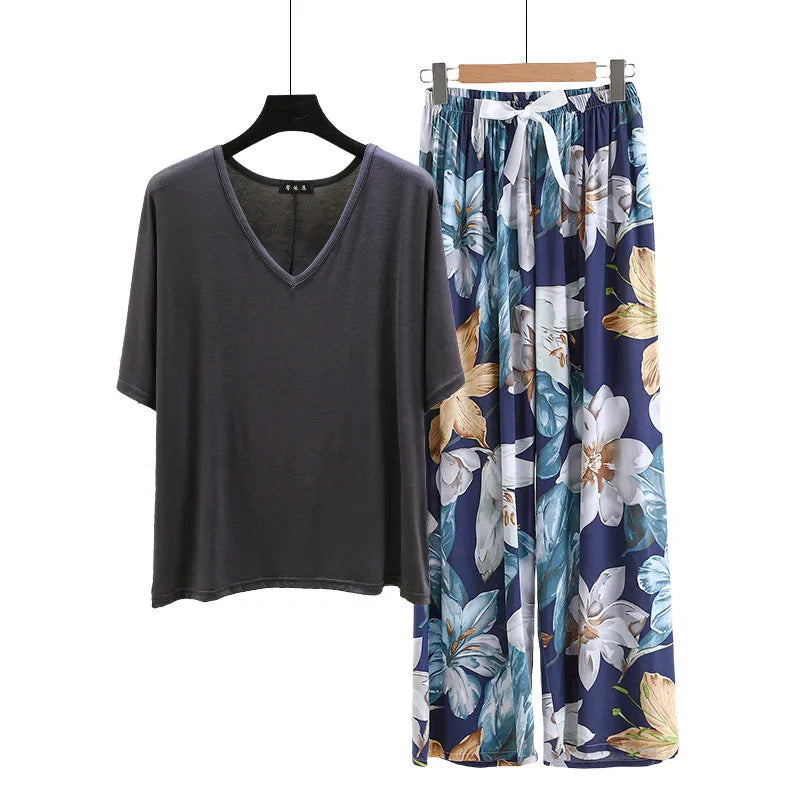 V Neck Tshirt with Poplin Floral wide leg pants summer cool pajamas sets Loose casual homewear suit Rayon Loungewear all match