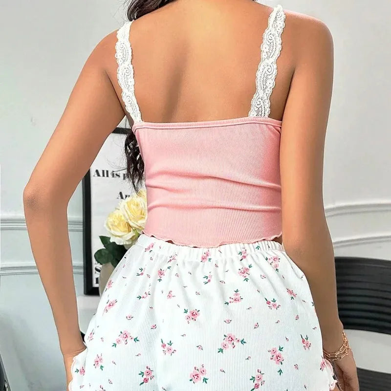 Women's Lace Trim Cami Pajama Set Floral Print Shorts Sleepwear Soft Knit V-Neck Loungewear Set Nightwear and Casual Home Wear