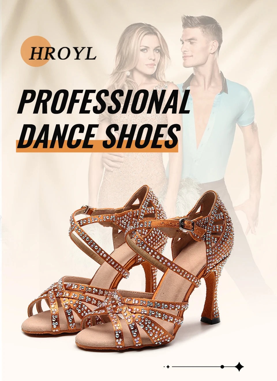HROYL Ballroom Latin Dance Shoes Ladies Girls New Silk Satin Shiny Rhinestone Cuban High Heels Party Salsa Dance Shoes Women