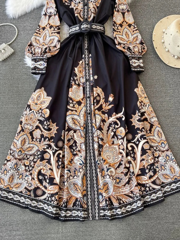 Elegant Vintage Court Style Long Sleeve Collared Slim Fit Print Shirt Dress Knitted Fabric Midi Skirt Length Button Detail