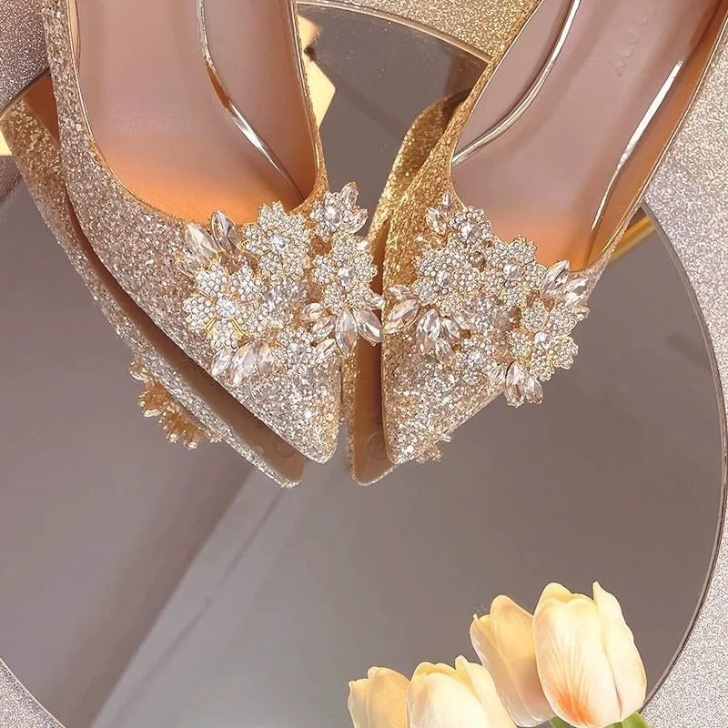 Womens High Heel Shoes Fad Elegant Crystal Pointed Toe Pumps Retro Shallow Mouth Banquet Party Wedding Women Shoes Zapatos Mujer