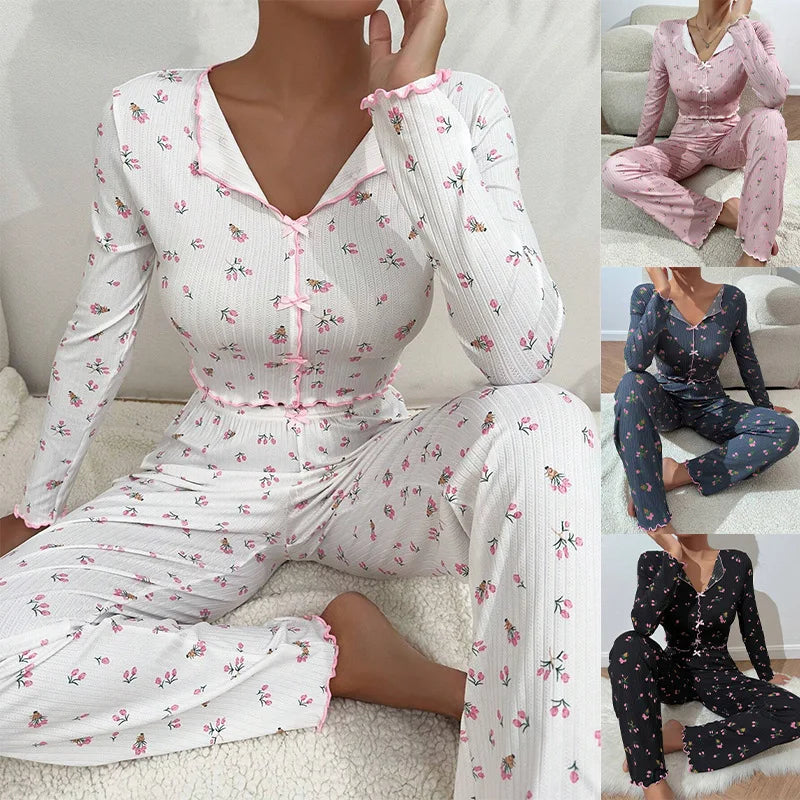 Y2K Cute Floral Ribbed Pajama Set Womens Long Sleeve V Neck Two Piece Sleepwear Homewear Autumn Winter Bow Lettuce Trim New Hot