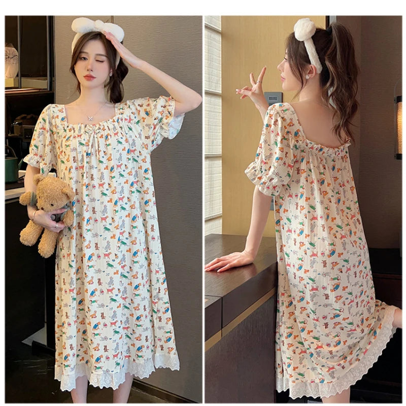 M-5XL Plus Size Sleep Dress for Women Korean Sweet Summer Sleepwear Students Cute Print Nightgown Pajama Sleepshirt Home Clothes
