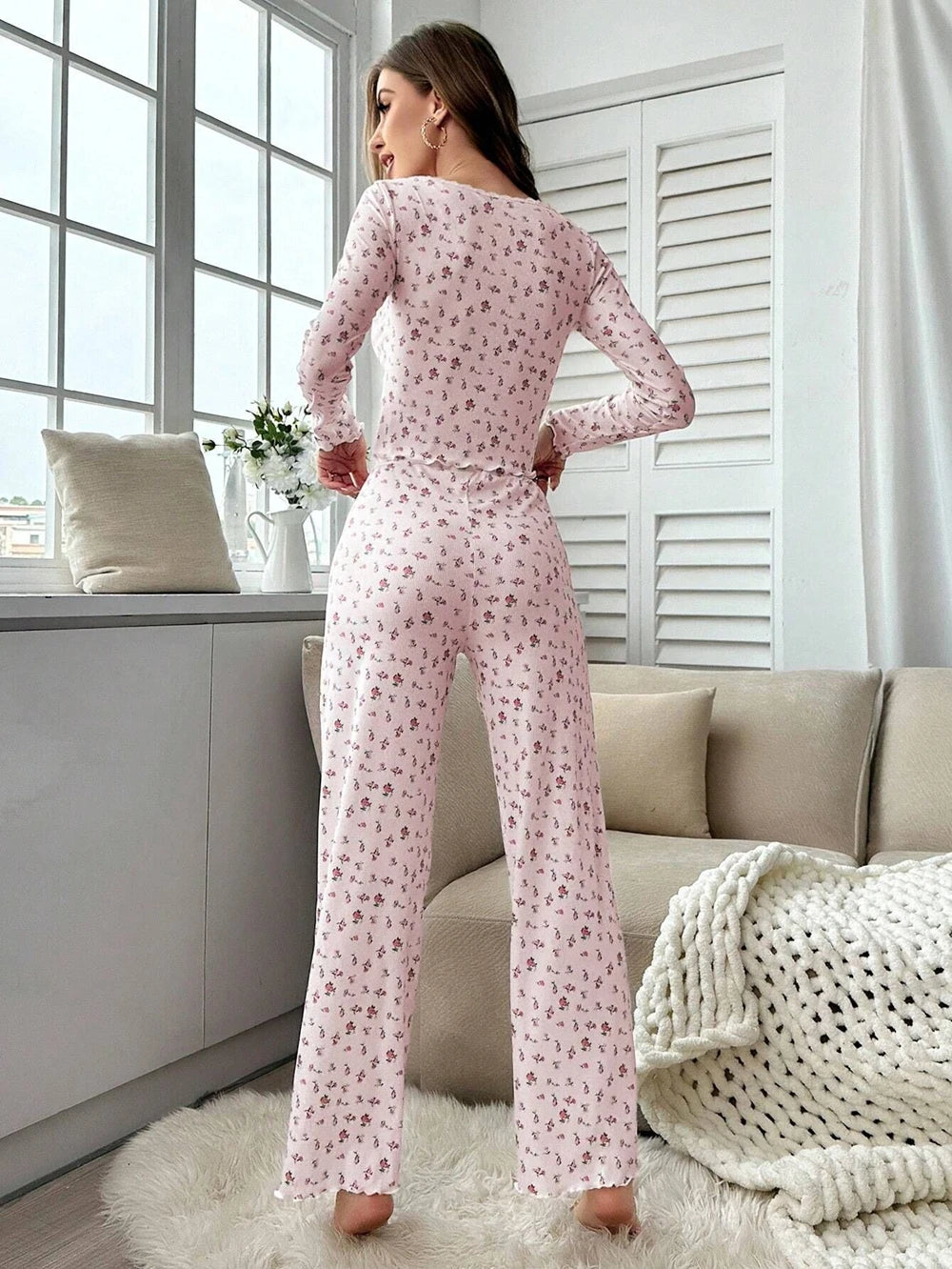 Women Sexy Floral Print Pajama Sets Soft Comfortable Long Sleeve Top and Pants Loungewear Sleepwear Two Piece Set Homewears