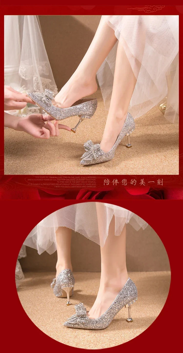 New  Women's Rhinestone Wedding Shoes Year Shoes Luxury Buckle Decorative Banquet Women's Shoes High Heels Gold Silver Red