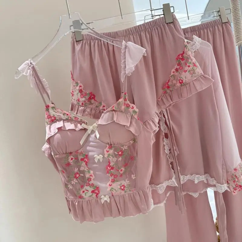 French Style Pink Lace Trim Home Clothes Ice Silk Sleepwear Hollow Out Lace Floral Nightwear Princess Sweet Pijama Mujer