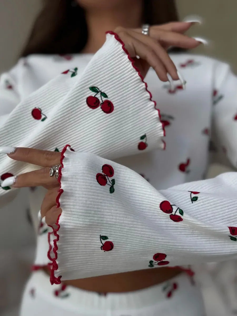 Autumn Winter Pajama Set Women 2pcs Y2K-Style Cherry Print Cuffed-Long-Sleeve Tops and Long Trousers Sleepwear Homewear