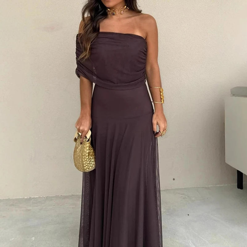 Sexy Sleeveless Commuter Dress Fashion Hight Waist Strapless Slim Long Dress Women Elegant Mesh Splicing Solid Color Party Dress