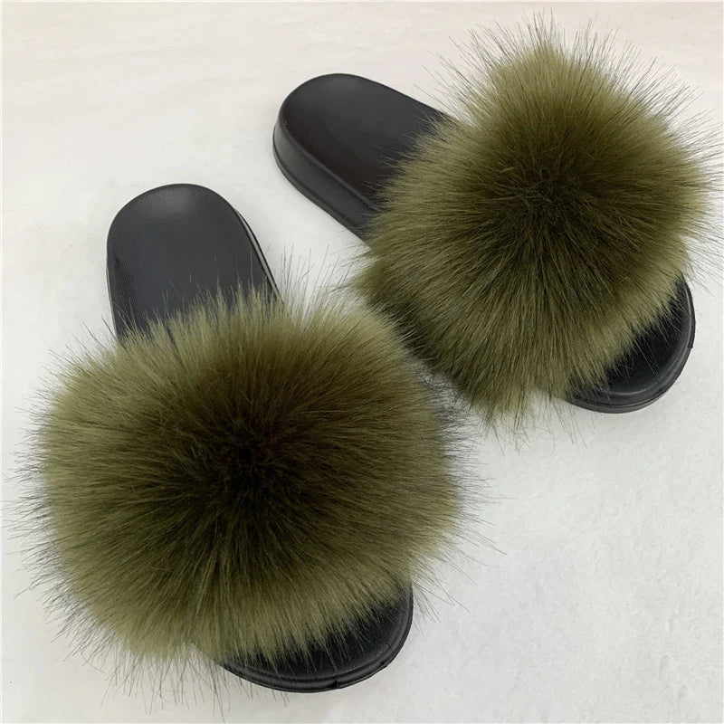 Ladies Fluffy Slippers Summer Women Faux Fur Soft Slides Stylish Open Toe Sandals Outdoor Indoor Furry Comfortable Beach Shoes