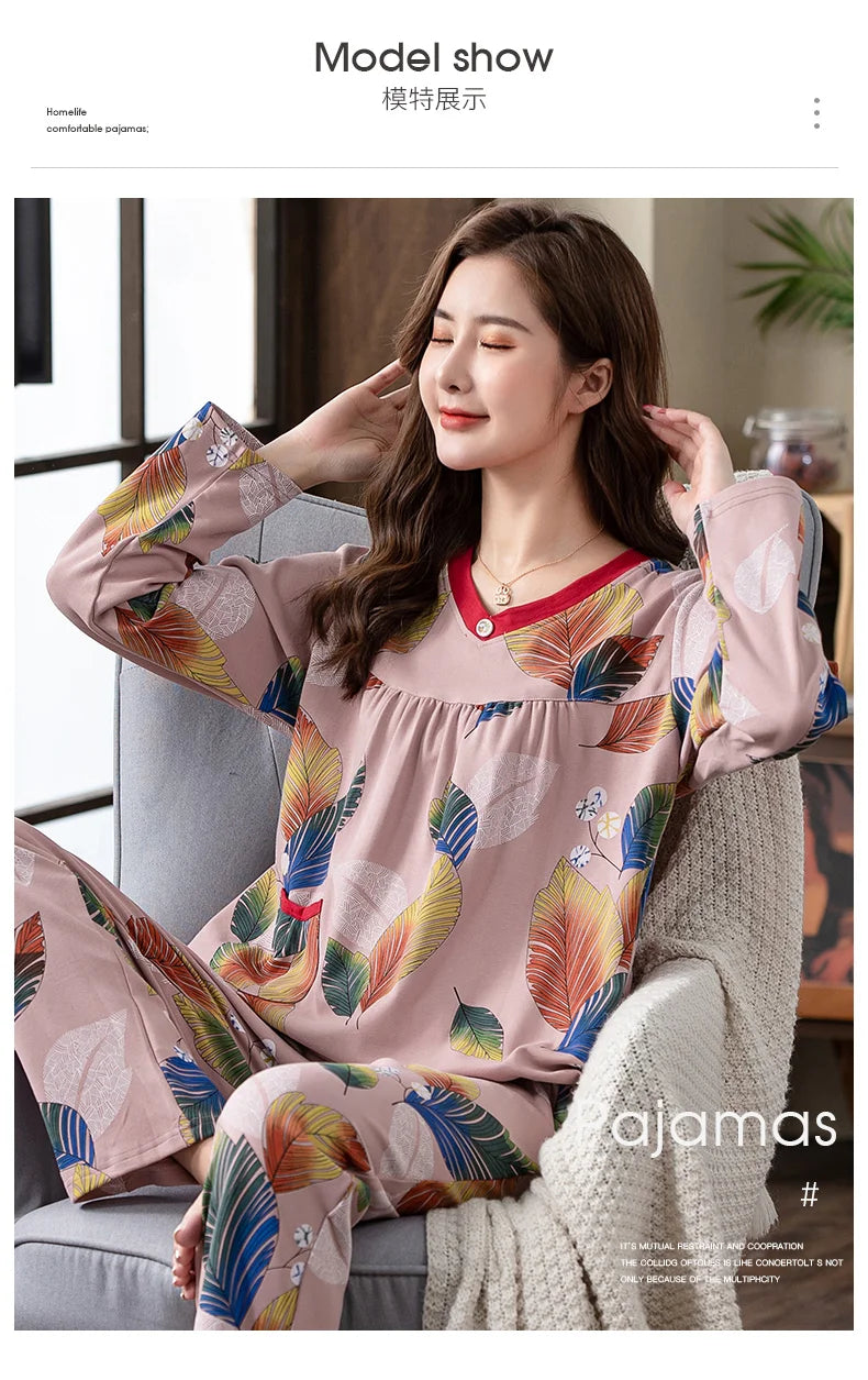Pajamas Sets Women Floral Cotton Fashion Lace Women Long Sleeve Sleepwear Suit 2 piece Sexy Autumn Home Lounge Gift XXXXL