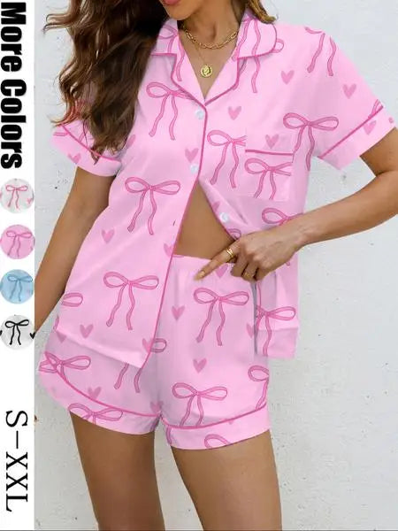 Women's Bow Print Pajama Set, Casual Shirt Collar Soft Top & Elastic Shorts, Comfortable Home Wear for All Seasons