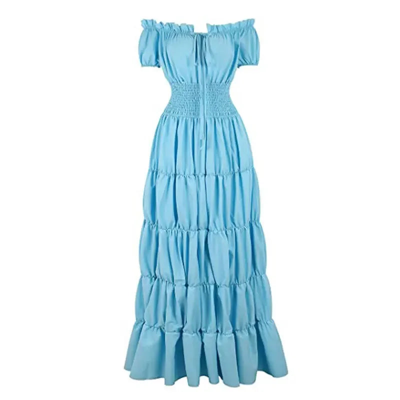 Elegant Medieval Renaissance Dress Boho Short Sleeves Off Shoulder Smocked Waist Retro Pleated Long Dress Costume Gown