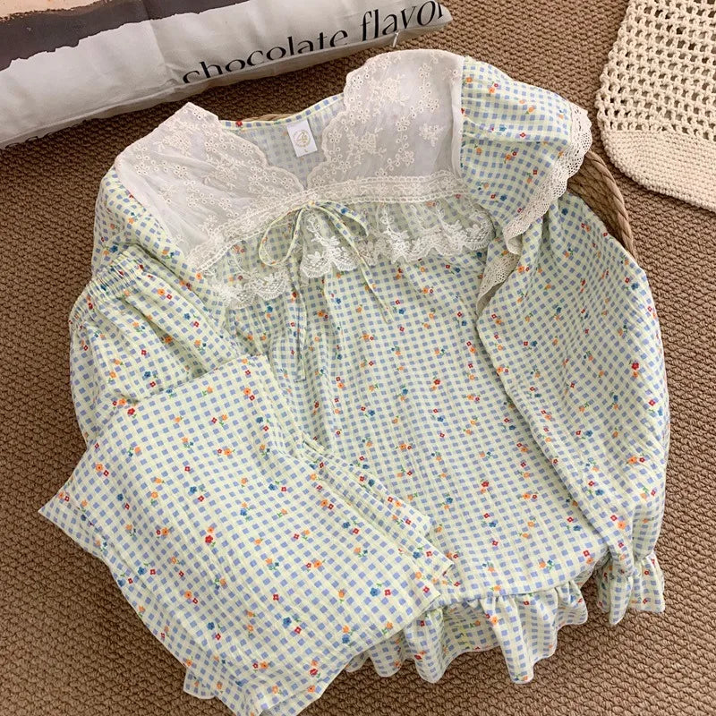 Korean Casual Lace Design Homewear Plus Size 2 Piece Suit Sweet Cute Print V-neck Women's Pajamas Set Autumn Winter New Pajamas
