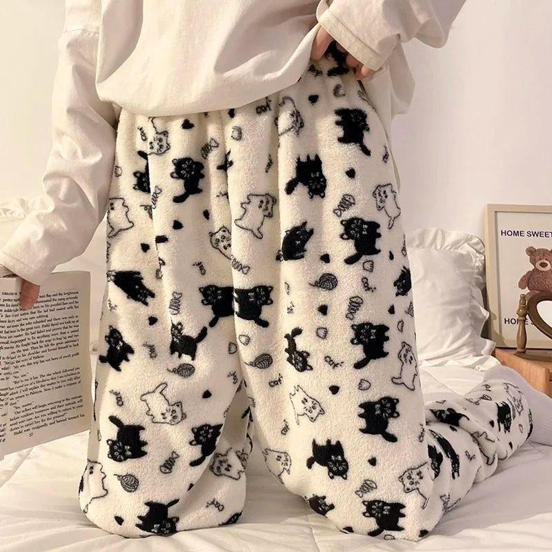 Black Cat Cartoon Pajamas Pants Kawaii Christmas PJS Korean Women Winter Warm Fluffy Flannel Sleepwear Girls Cute PJ Pants