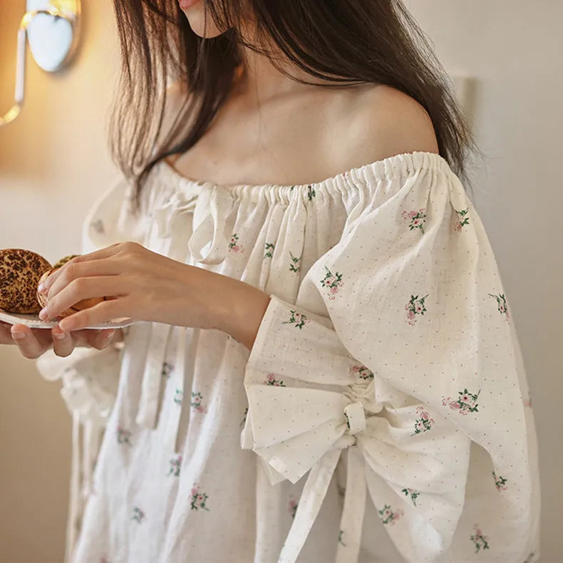 Women Sweet Printed Full Sleeves Nightdress French Sexy Loose Long Mid-Calf Nightgowns 100% Cotton Comfortable Sleepwear Nightie