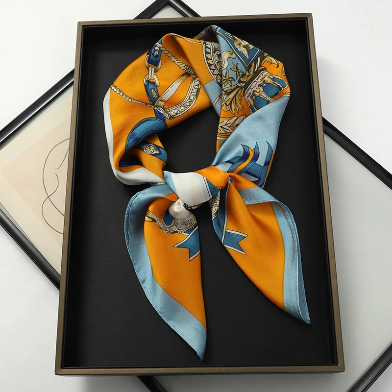 Luxury Women Silk Square Scarf Shawl Fashion Xiaoxiangfeng Print Design Satin Hijab Wraps Neckerchief Female Hair Bands 70*70CM