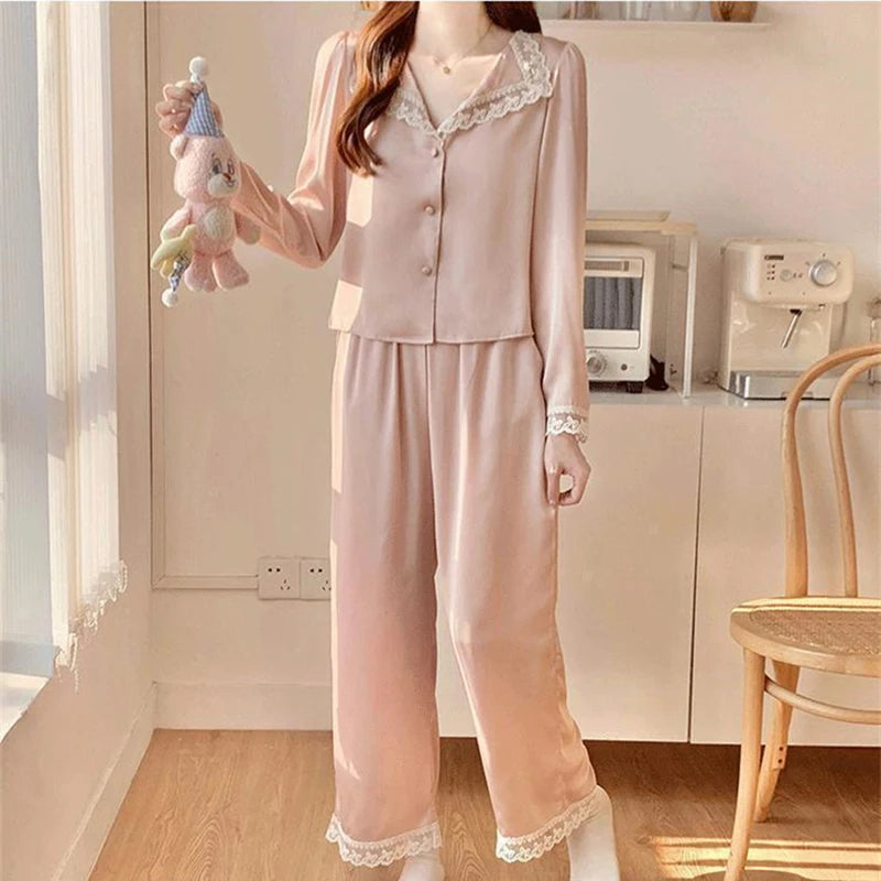 Two Piece Pajamas Set Women Satin Nightwear Home Clothes Spring Autumn Long Sleeve Shirt&pants Sleepwear Suit