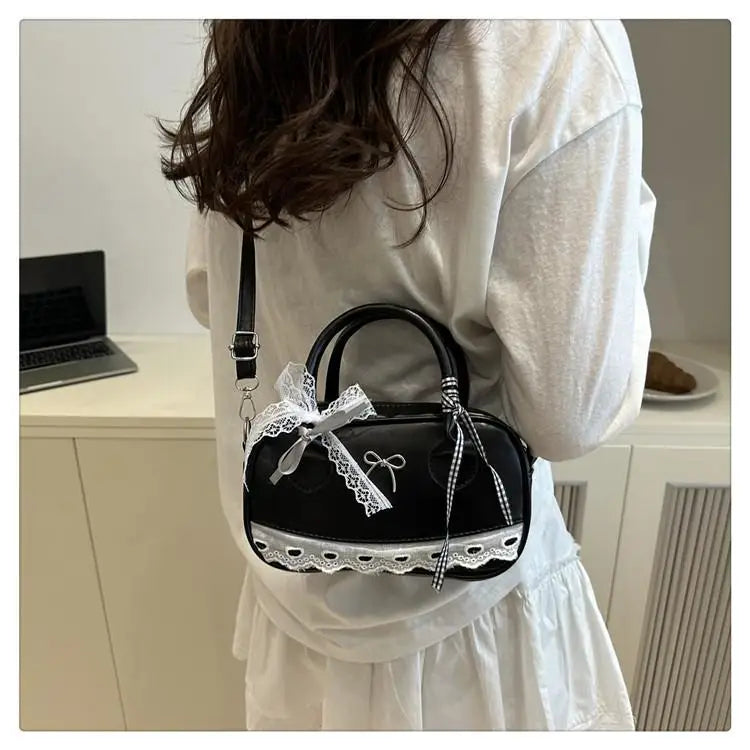 Simple Elegant Handbag Boston Shoulder bag Lace Ribbon Bow Decor Crossbody Bag Small Square Bag Casual Women Bags ﻿