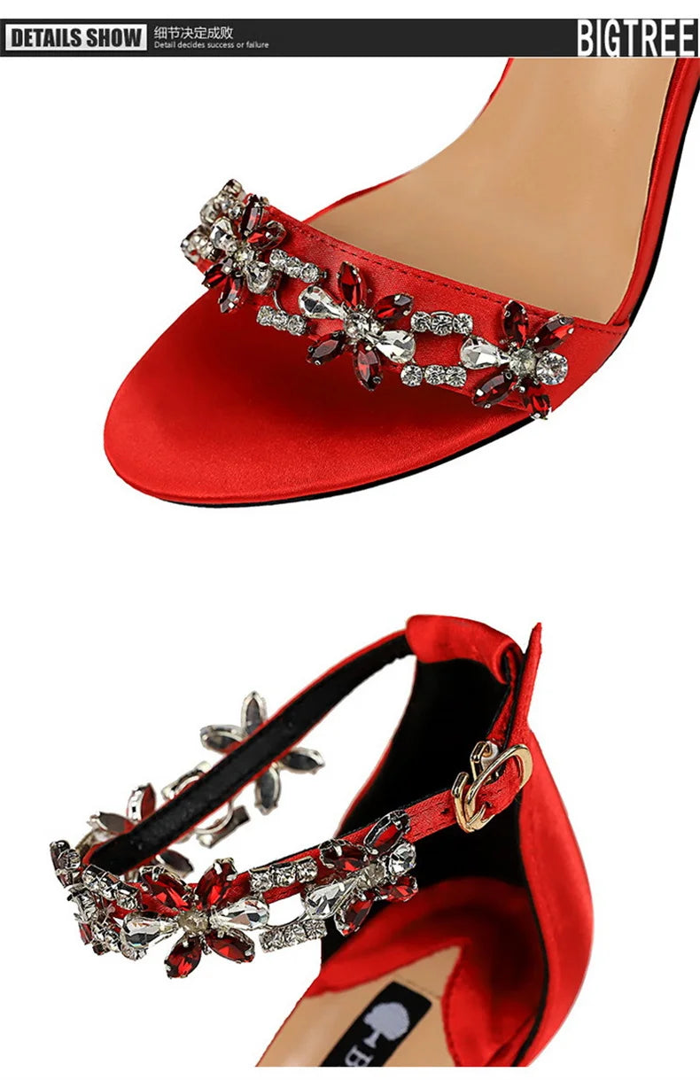 Open Toe Rhinestones Sandals Women 2024 New Designer Luxury High Heels Female Shoes Summer Heeled Satin One Word Belt 368-1