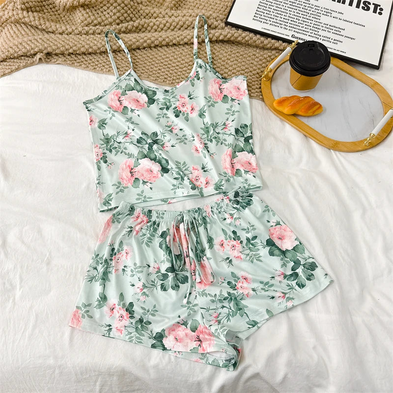 Summer Elegant Floral Print Sleepwear Women Sexy Ultra-Thin Vest and Shorts Comfortable Loungewear Breathable Nightwear HomeWear
