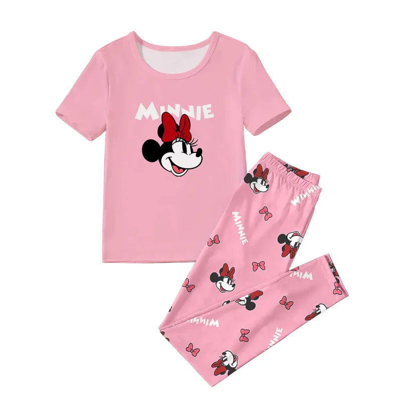 Women's 2-piece Disney Cute Bow Cartoon Pattern Short sleeved Top and Pants Nightwear Home Clothes