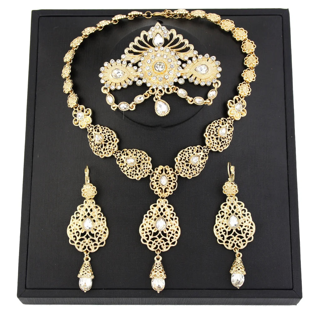 Sunspicems Chic Morocco Bride Jewelry Sets Gold Color Arabia Drop Earring Choker Necklace Caftan Brooch Sets 3Pcs Hollow Flower